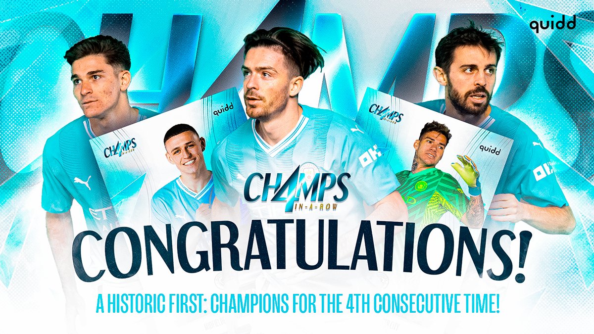 What a feat by @ManCity! 4-in-a-row! 🏆🎉 Champions for the 4th consecutive time, and the FIRST club ever to do so!

Don't miss out on this historic win. Show off your Cityzen pride with our limited edition 'CH4MPS: 4-In-A-Row' set!

Available 5/21 at 12 PM BST! #CH4MPS #4inarow