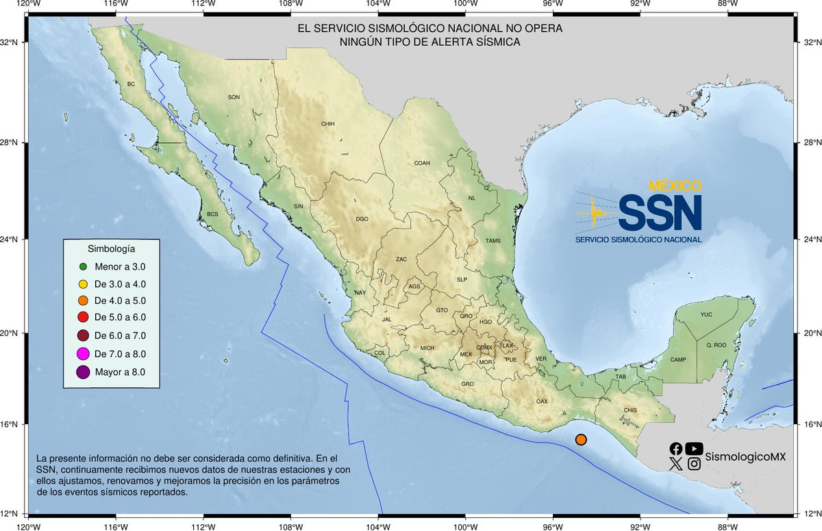 SSN REPORTA: SISMO
Magnitud: 4.0
Región epicentral: 108 km al SURESTE de  SALINA CRUZ, OAX
Fecha y hora: 2024-05-19, 10:35:03 (tiempo del Centro de México)
Latitud y longitud: 15.32º, -94.72º
Profundidad:  8.8 km