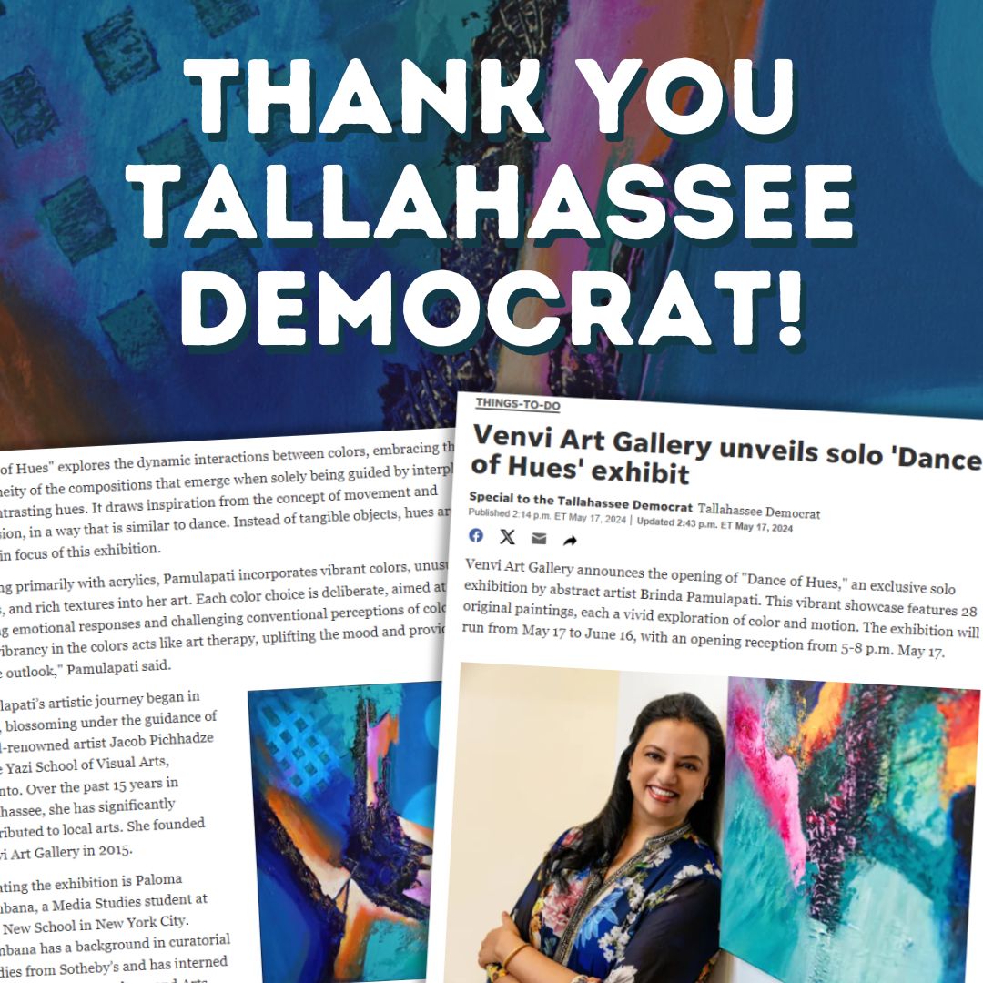Thank you @TDOnline for this amazing article about Brinda Pamulapati's exhibition Dance of Hues!

Check out the article here: tallahassee.com/story/entertai…

#art #artists #gallery #artgallery #tallahasseearts #floridagallery #artforsale #onlineart #thingstodointallahassee