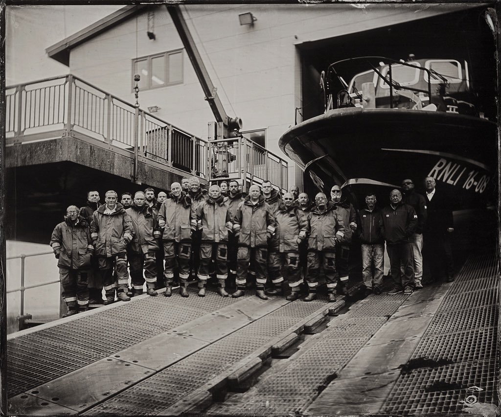 Barrow RNLI lifeboat crew, April 2022 12x10 inch wet collodion positive on glass The last lifeboat station I documented, and continuing to explore how I can make new work on the coast in our collapsing economy. As ever, prints and postcards available via the website (see bio)