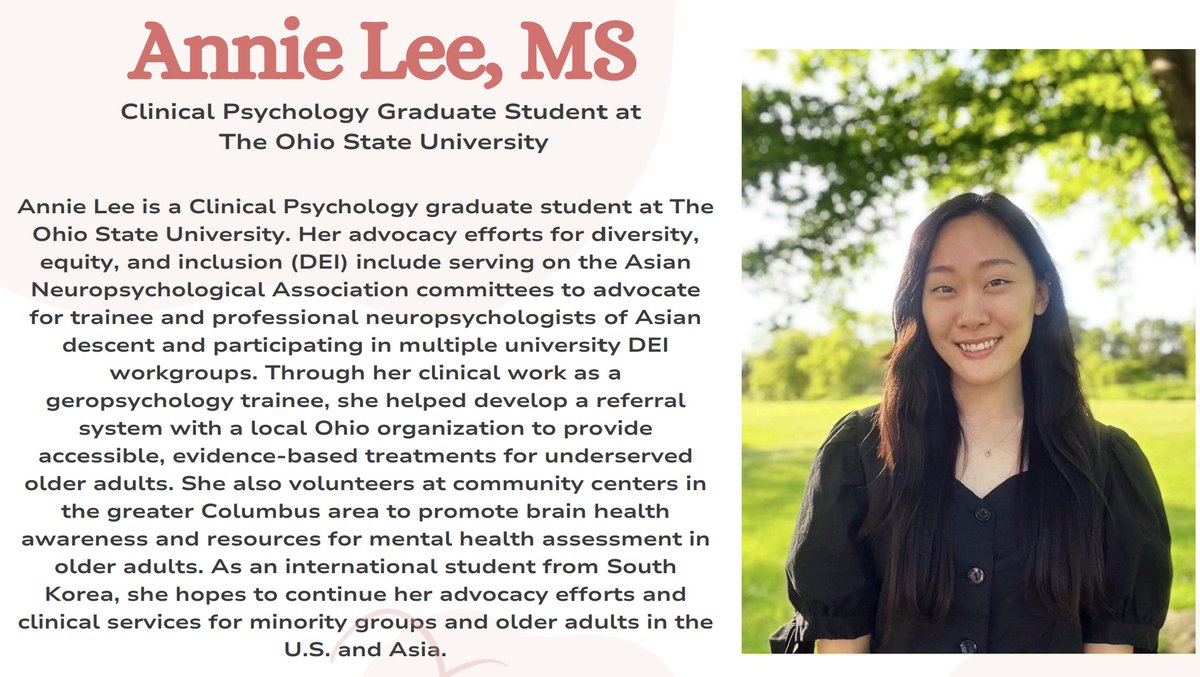 Women in Neuropsychology (WIN) (@scn_win) on Twitter photo Congratulations Annie Lee, MS, one of our winners of the 2024 Diversity, Equity, Inclusion and Advocacy Award presented by <a href="/SCN_WIN/">Women in Neuropsychology (WIN)</a> and <a href="/APADiv22/">Rehabilitation Psychology</a>! Congratulations Annie Lee, MS, one of our winners of the 2024 Diversity, Equity, Inclusion and Advocacy Award presented by <a href="/SCN_WIN/">Women in Neuropsychology (WIN)</a> and <a href="/APADiv22/">Rehabilitation Psychology</a>!