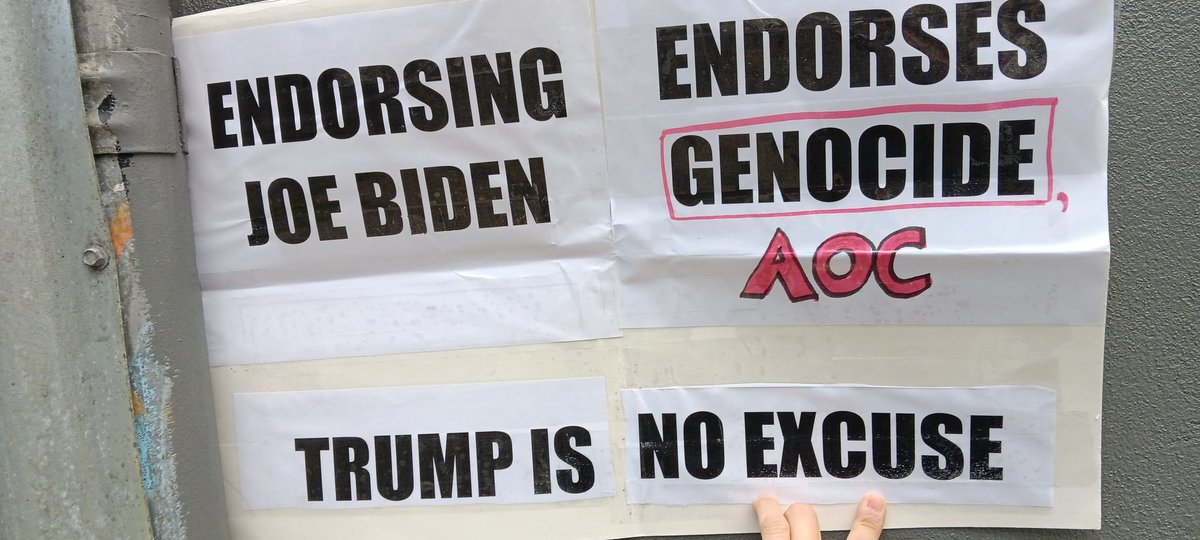 Just raised this at an @AOC rally in the Bronx. She saw it up close. Will she respect human rights enough to unendorse Genocide Joe? #notinourname #Neveragain!