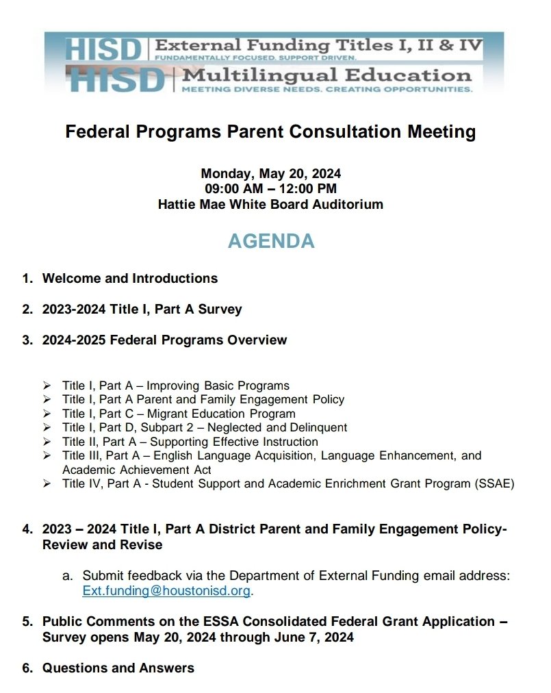 Annual Federal Programs Parent Consultation Meeting Monday 20 May 2024 @HISDFACE houstonisd.org/page/31999
