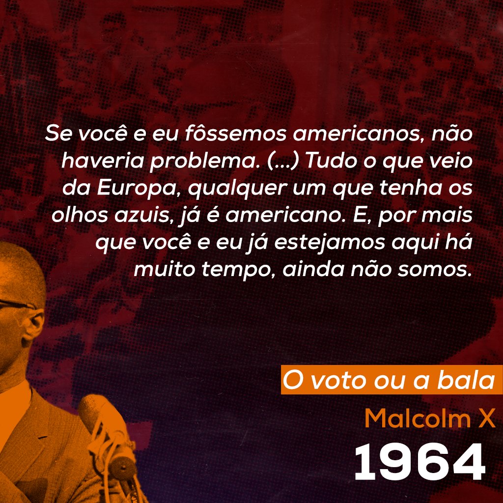 📚 CITAÇÕES | Há 99 anos, nascia Al Hajj Malik Al-Shabazz, popularmente conhecido como Malcolm X. Um dos grandes nomes na luta antirracista nos Estados Unidos, Malcolm destaca neste trecho a supremacia branca enquanto estrutura fundante da sociedade americana.

+