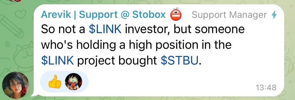 @seth_fin Same with $STBU

Did you hear that $LINK had a meeting with $STBU (Stobox), which is an award winning #RWA company who has been in the tokenisation industry for 6 years 

And to top this off, $LINK team member bought some $STBU !

Partnership in works maybe? 🤔 

$STBU - $20m MC