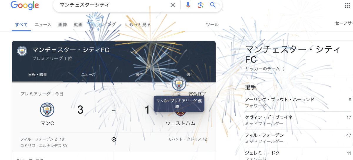 (シティズン各位)
Google検索でマンチェスターシティと検索すると画面上に花火が上がります。

試してみてね。