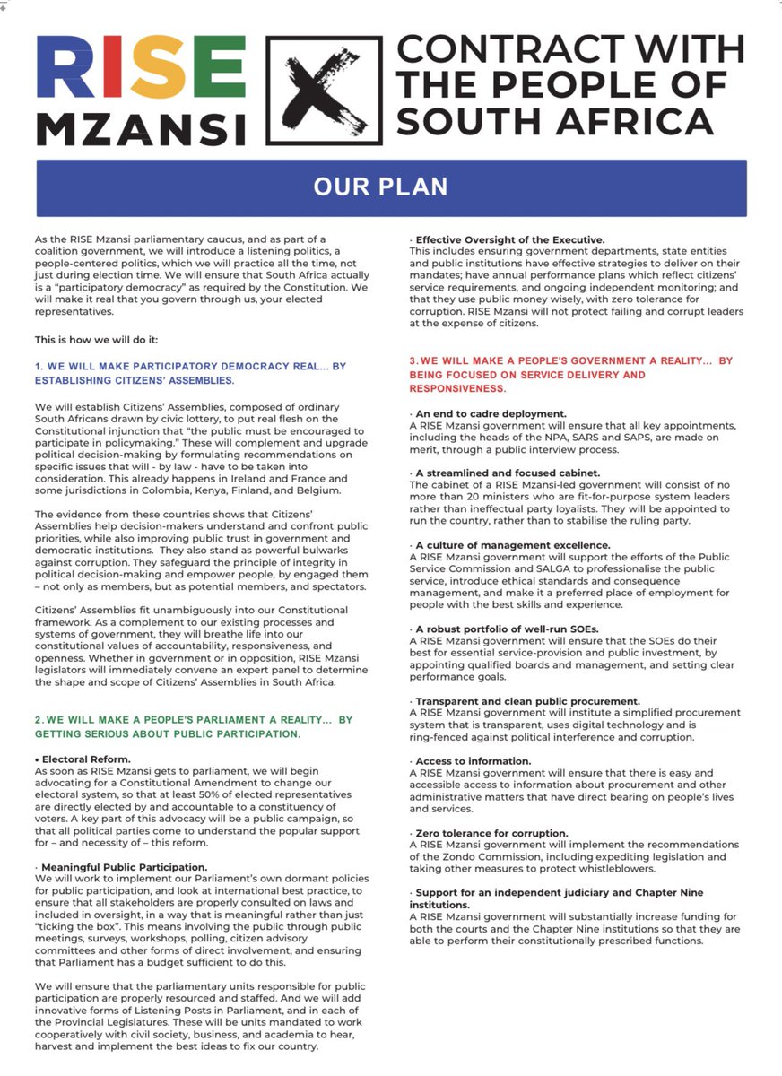 [MUST READ] Fellow South Africans, One year ago, RISE Mzansi was launched as a new political
party to reset politics in South Africa and bring new leaders into South African politics. Now we are ready to serve

This is our pledge to you. 

#RISEPeoplesRally 
#WeNeedNewLeaders