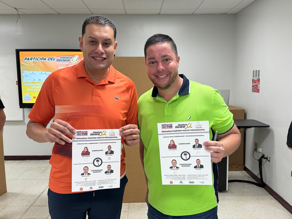 gabrielhr51's tweet photo. Junto a los próximos Senadores del #DistritoArecibo , Arnaldo Ivan #1 y @GabyGlez051 #2 participando del
#SimulacroElectoral de @NotiUno y @uagm_oficial votando por nuestro Gobernador, @pedropierluisi y nuestro próximo Comisionado Residente, @VillafanePR https://t.co/QL8Gd6Nzq4