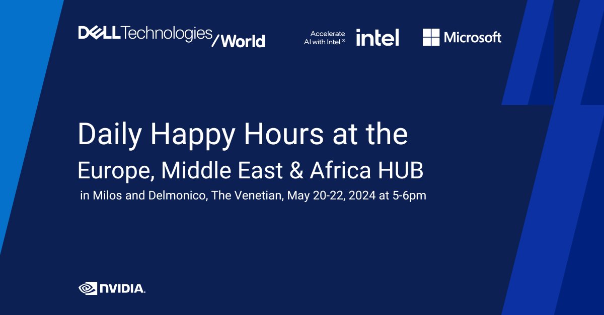 Enjoying all amazing content at #DellTechWorld? 
Join our daily regional Happy Hours, soak up the atmosphere of our Europe, Middle East & Africa HUB and chill in conversation with your peers and Dell leaders. But hurry, register for them here: dell.to/3UPZR3y  #iwork4dell