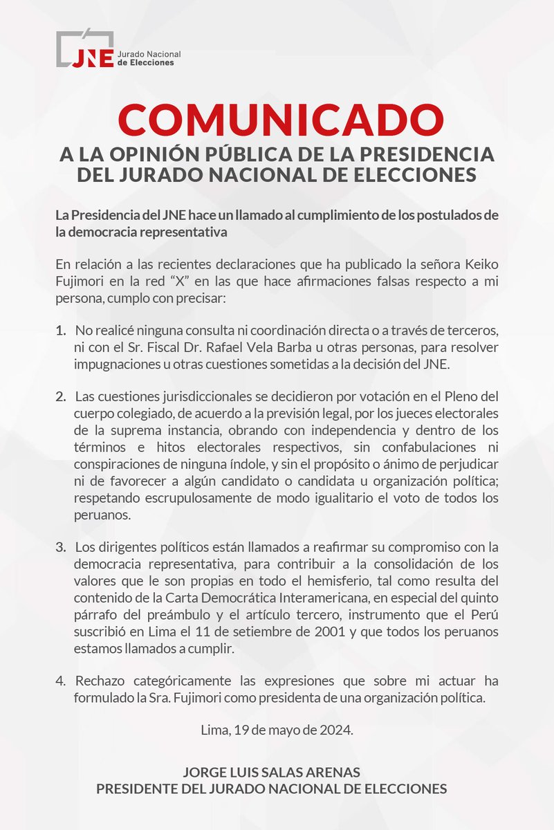 #LoÚltimo | Comunicado a la opinión pública de la Presidencia del Jurado Nacional de Elecciones en el que hace un llamado al acatamiento de los postulados de la democracia representativa.