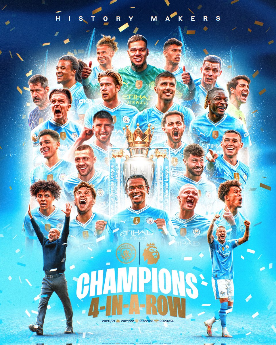 ¡Cuatro en fila! 🏴󠁧󠁢󠁥󠁮󠁧󠁿 ⚽ 🏆 Manchester City se alzó tetracampeón en la Liga Premier, al ganarle 3-1 al West Ham. El equipo mancuniano ganó su décimo título de la Primera División inglesa, siendo el cuarto más ganador.