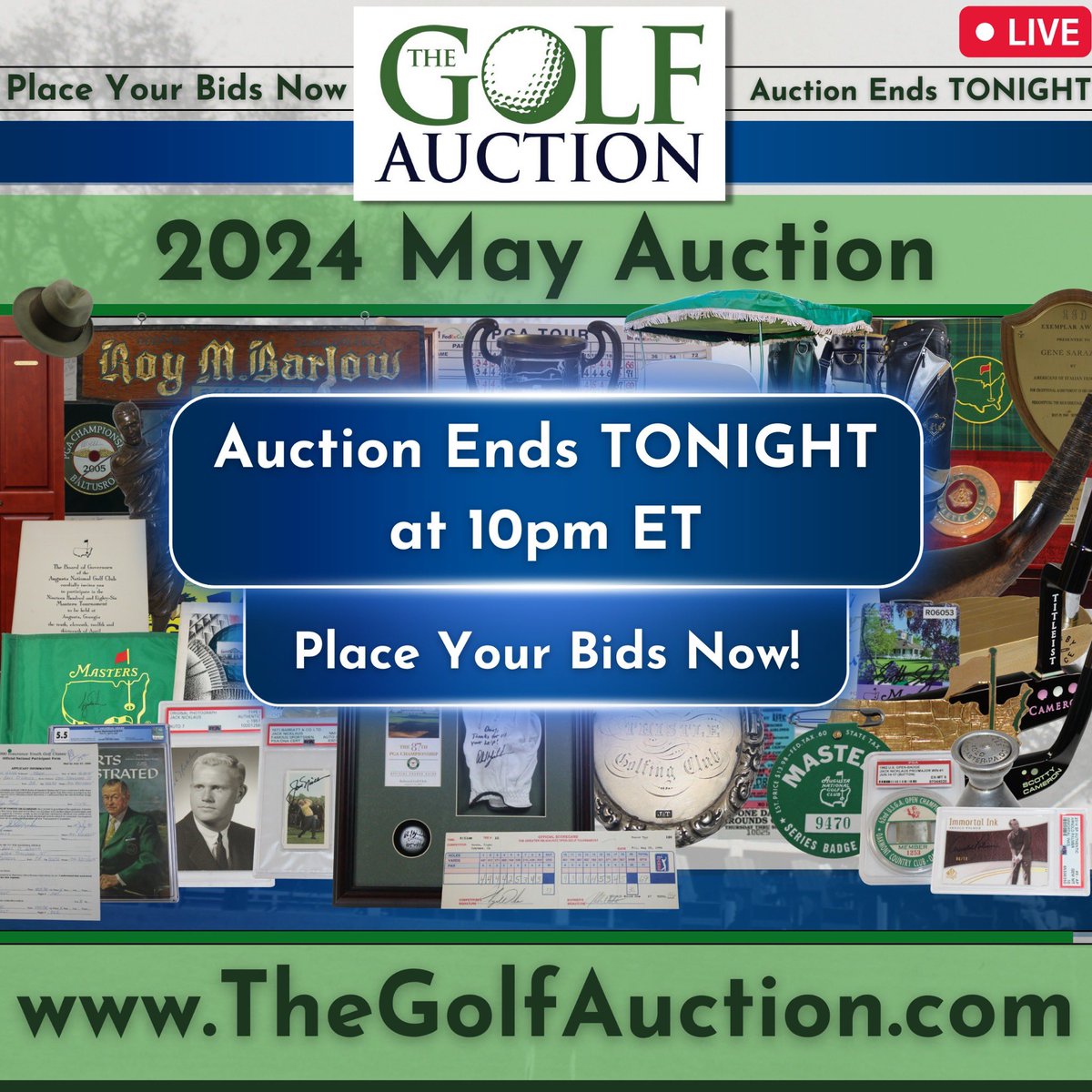 Our 2024 May Golf Memorabilia Auction will come to a close at 10pm ET TONIGHT with extended bidding to follow.

Don’t miss out, place your bids now ⛳️

@JohnMorton215 @darrenrovell @PGAChampionship #thegolfauction @BaltusrolGC 

thegolfauction.com/mobile/catalog…
