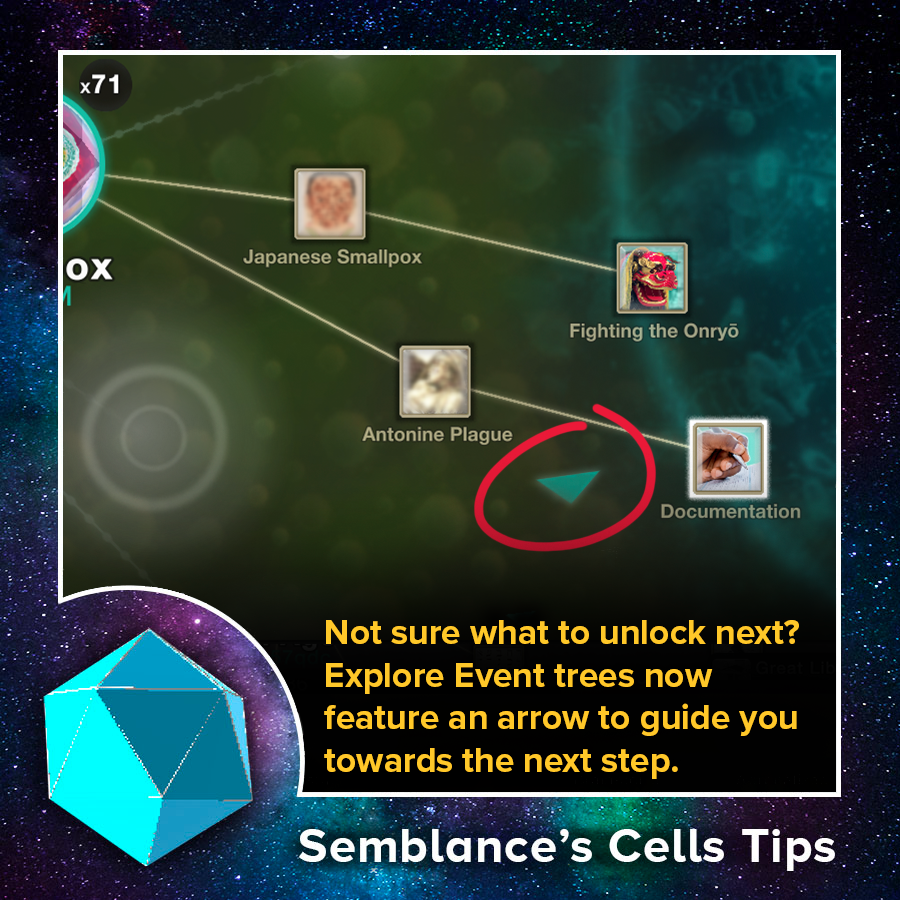 Hello, Semblance here. You may have noticed a small arrow pointing in different directions in the simulation. This is a new feature on event trees, guiding you to the next available node or generator purchase.