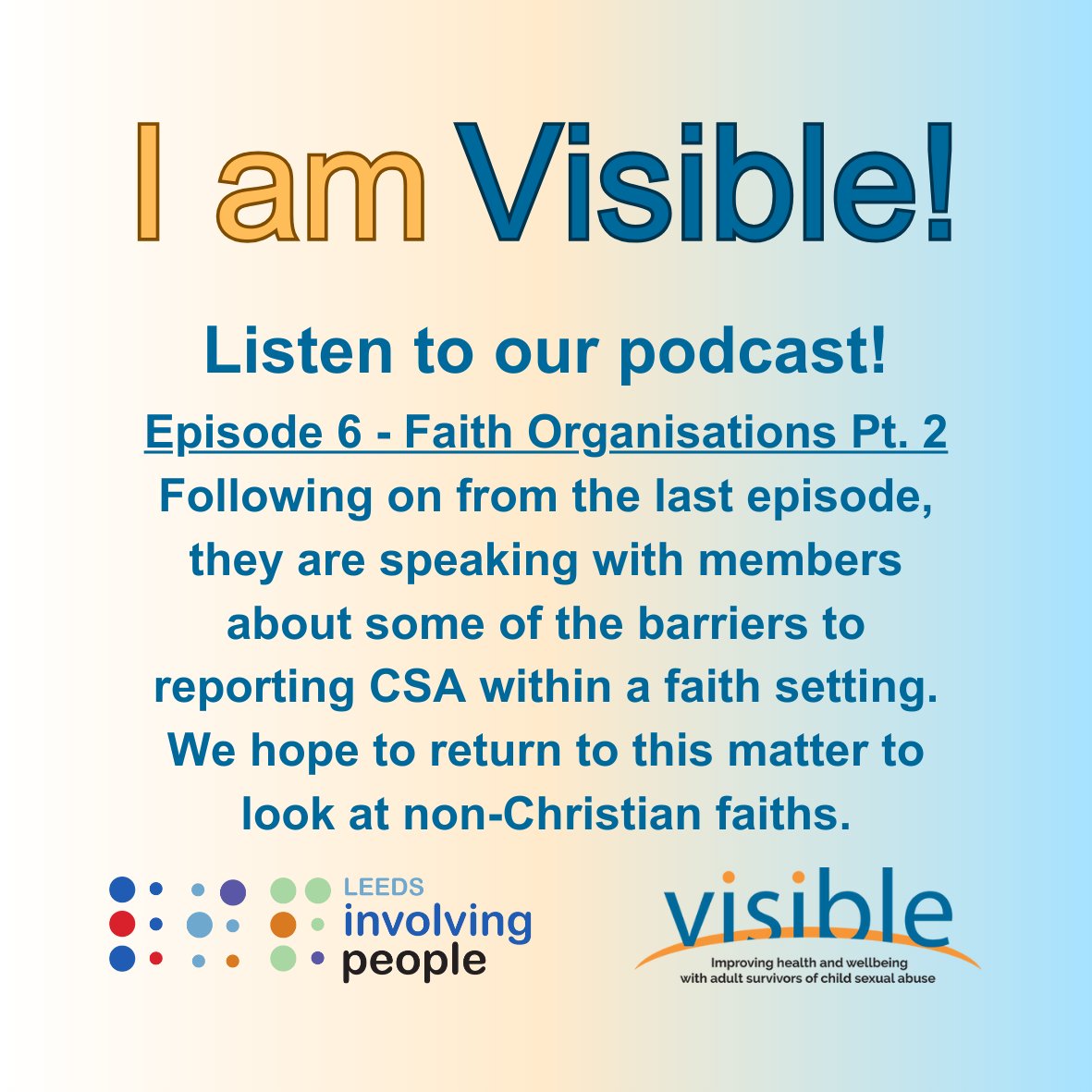 Have you heard our podcast? Episode 6 talks about faith organisations. Listen here: youtu.be/jc2LYvuo7Rc #relaunch #csa #childsexualabuse #survivors #wearevisible #makingVisibleVISIBLE #wearehere #faithorganisations #podcast