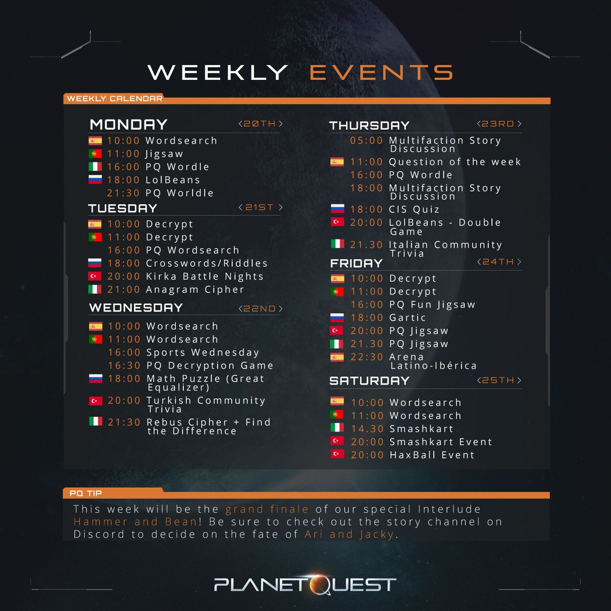 Weekly Community #PQEvents Overview! ✨ All times are CET ⏰ and don’t miss out on the finale of Hammer and Bean! ☕