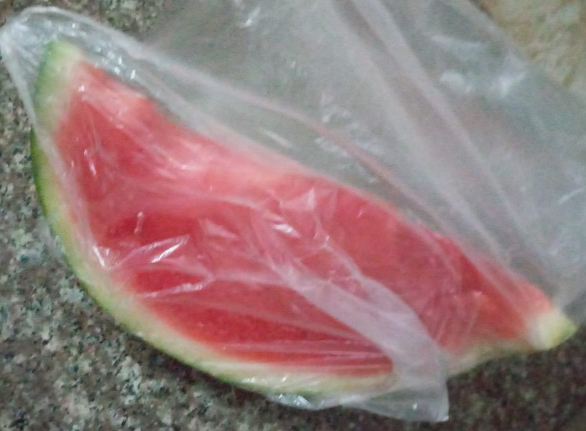 Today, my dad bought us some watermelon. I'm so happy! 😭🍉🍉 Note: Nobody can afford buying a whole watermelon, so they're sold in slices like this.