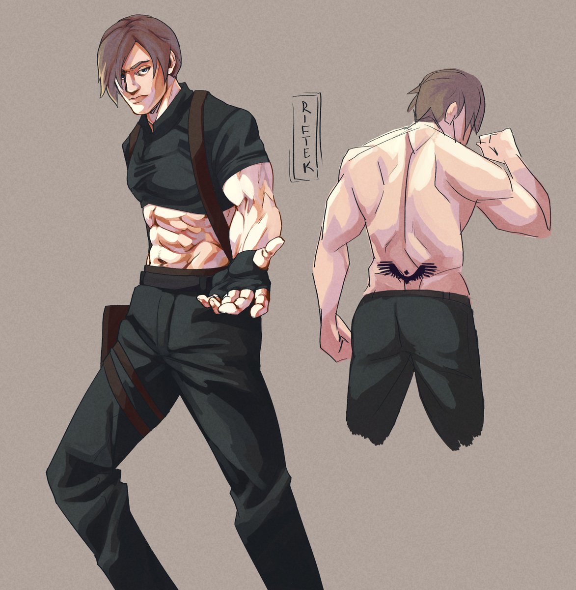 my roommate paid me to draw leon kennedy in the 'lets take ibuprofen together' pose while wearing a crop top and also with a tramp stamp