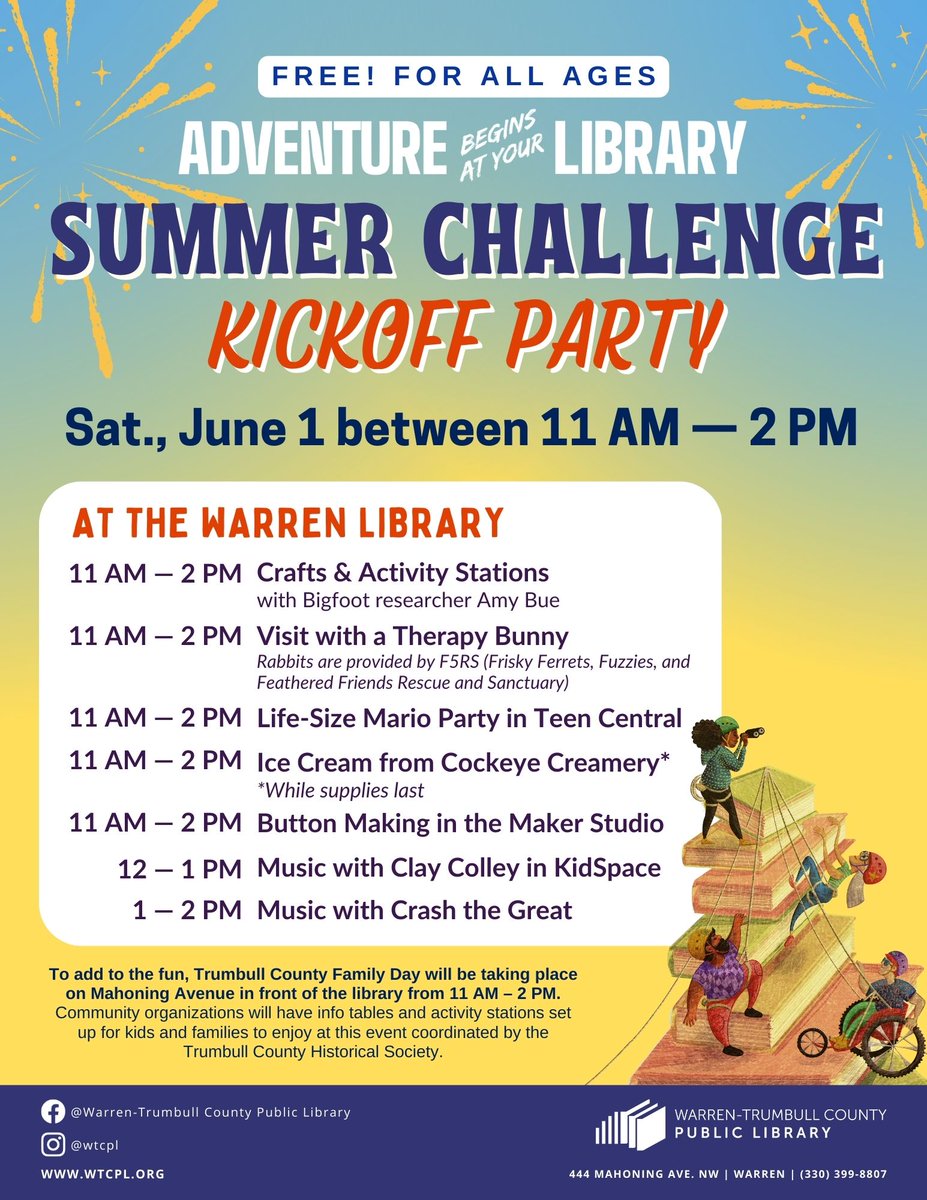 WTCPL's tweet image. SAT., 06/01/2024 at the WARREN LIBRARY - We&apos;re kicking off our Summer Challenge between 11 AM - 2 PM with fun free activities, music, and more for all ages! #AdventureBeginsAtYourLibrary #WTCPLSummerChallenge