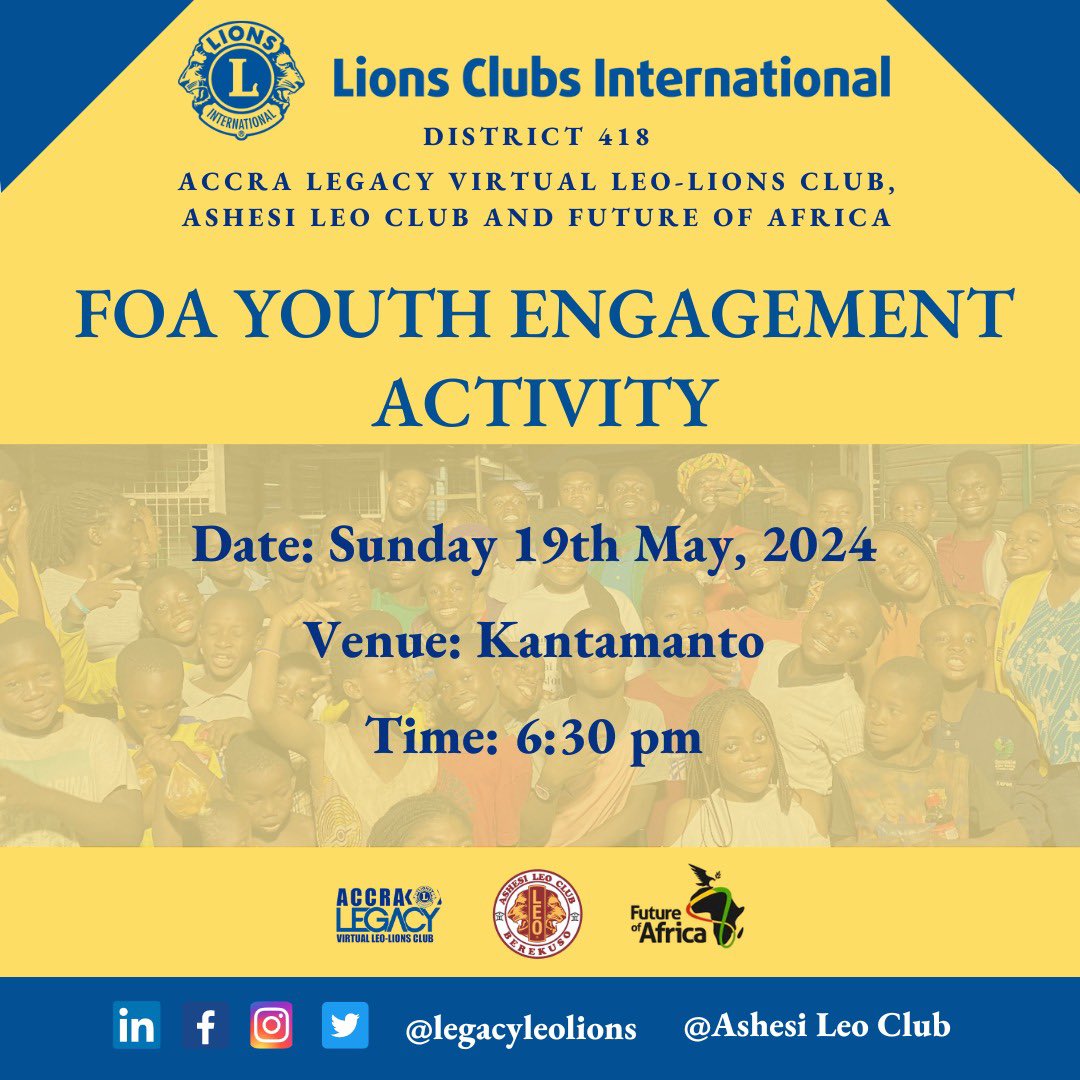 Join Legacy Leo-Lions, Ashesi Leos, and FOA at 6 pm as we motivate and spend time with the Future of Africa kids this evening. 
See you there!!! 

#TimeWithTheFOAKids
#AccraLegacy 
#LegacyLeoLions 
#VirtualClub 
#LeoLions 
#WeServe 
#District418