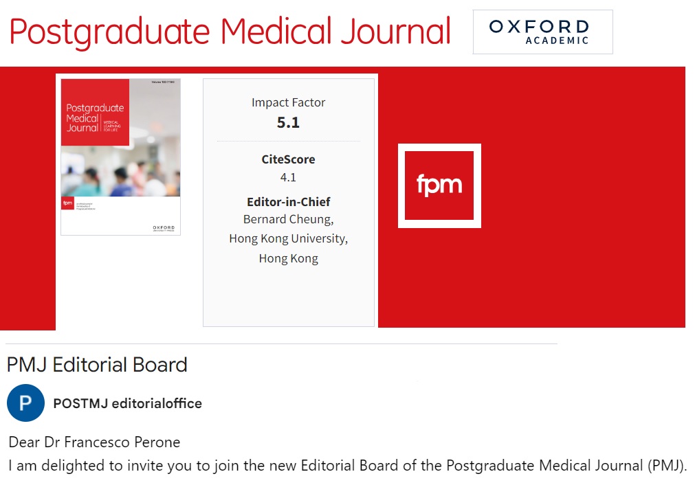 Honored to be part of the Editorial Board of the Postgraduate Medical Journal (IF 5.1) as new Editor. Thanks to the Editor-in-Chief, Prof. Bernard Cheung, for inviting me to join the Editorial Team. We are waiting for your quality manuscripts for our Journal!