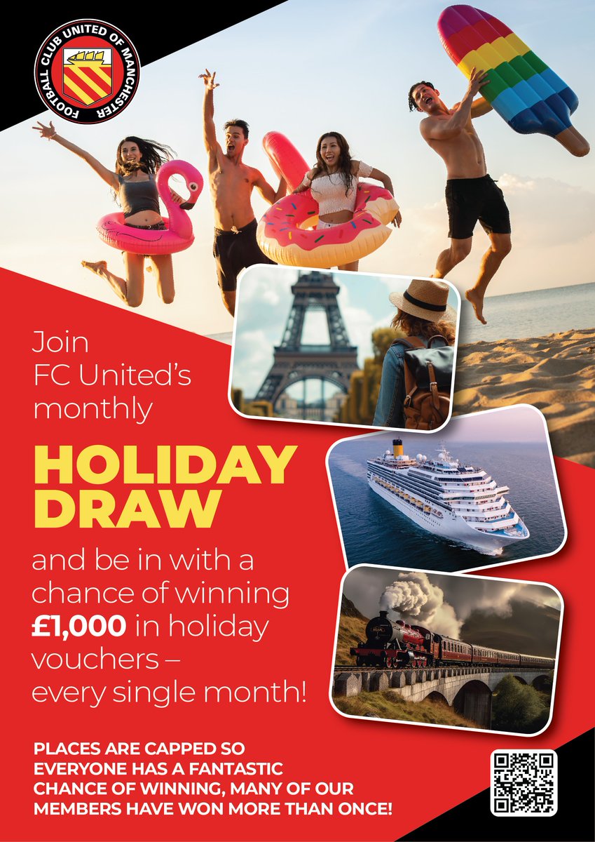 ☀️ Escape to paradise with our £1,000 monthly holiday draw! 🌴🎉 Limited spots available, so act fast for a chance to win big and make your summer dreams come true! #SummerGetaway☀️✈️ fc-utd.co.uk/development-fu…