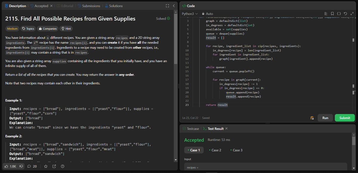 akhand_4795's tweet photo. 🌟Day 51 of my '60 Day DSA Challenge' complete!
Today's challenges tackled on LeetCode:💡🚀

1. Problem No. 3068 - Find the Maximum Sum of Node Values
2. Problem No. 2115 - Find All Possible Recipes from Given Supplies

#60DayDSAChallenge #Python #LeetCode #DataStructures #Day51 https://t.co/3XsiUAKjGT