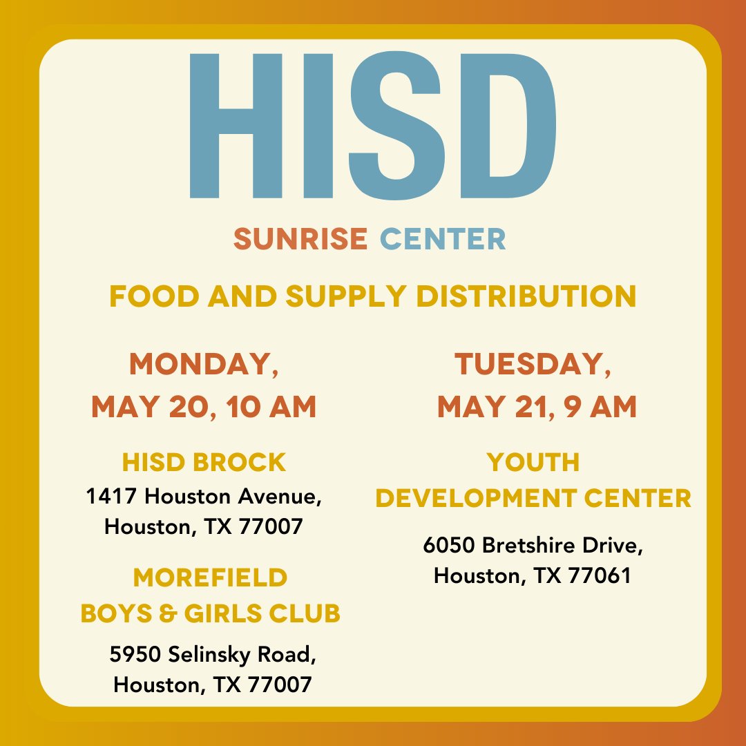 HISD and the Houston Food Bank will provide free food and cleaning supplies to support families who are recovering from last week’s storm. (Up to 500 families per location)