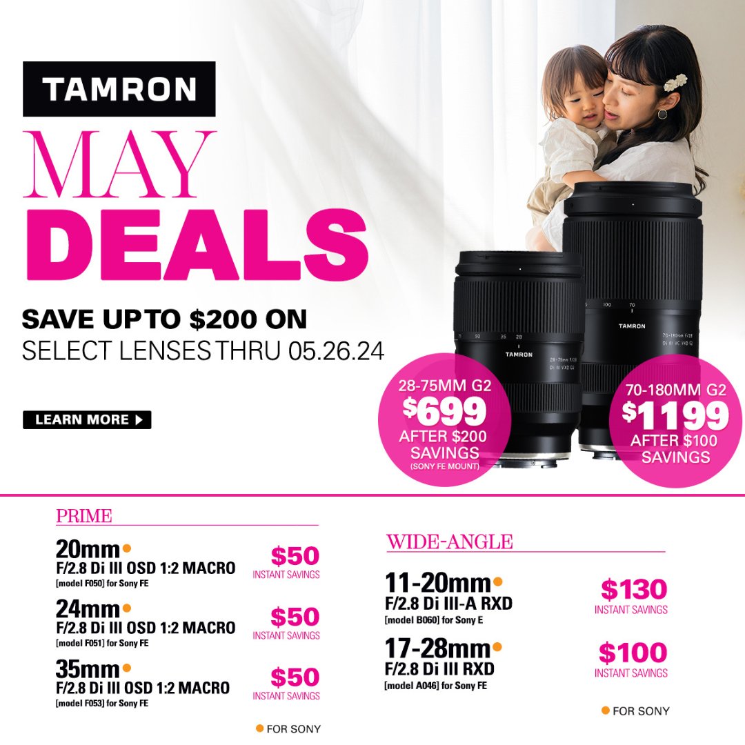Save up to $200 instantly on select Tamron lenses through 5/26/24

Learn more: blog.bergencountycamera.com/2024/05/tamron…

#tamron #tamronlens #bergencountycamera #photography #shoplocal #bergencounty
