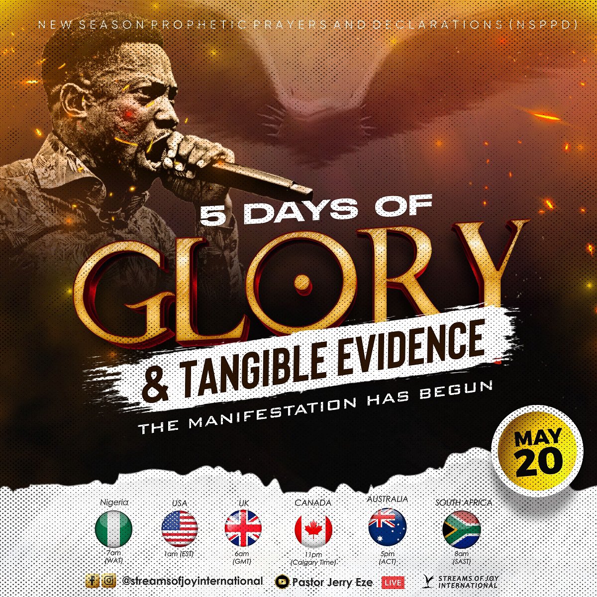 RealJerryEze's tweet photo. ●MAY IS A COVENANT MONTH ON THE FIRE-ALTAR.
●NSPPDIANS, YOU MUST NOT MISS A SECOND.

THIS WEEK:
5DAYS OF GLORY AND TANGIBLE EVIDENCE.
-THE MANIFESTATION HAS BEGUN.

So for the second time they called the man who had been blind and said to him, “Give glory to God. We know that this man is a sinner.” He answered, “Whether he is a sinner I do not know. One thing I do know, that though I was blind, now I see. (John.9:24-25)

Tomorrow on NSPPD FIRE ALTAR at 7am Nigerian time we enter another week of glory. You will carry your evidence!

Prepare for:
●Operation Restore All
●Operation Let The Manifestation Begin Now
●Operation Wear A New Garment 
●Operation Let The Congratulations Begin
●Operation Fresh Oil 
●Operation Set Apart, Commissioned For A Higher Purpose 
●Operation Sit On Your Throne, Wear Your Crown 
●Family Agreement Prayers 

🍽️Come fasting all week from 6AM to 1PM 
🔥Bring your Mantle 
🍷🥖Prepare 7Communions this week 
☎️Invite all your loved ones to join you LIVE on the altar of fire
📺Watch LIVE please, atmospheres aren't easily recreated. 

Declare With Me: THIS IS MY WEEK OF GLORY AND TANGIBLE EVIDENCE.

#NSPPD 
#7amFirePrayers