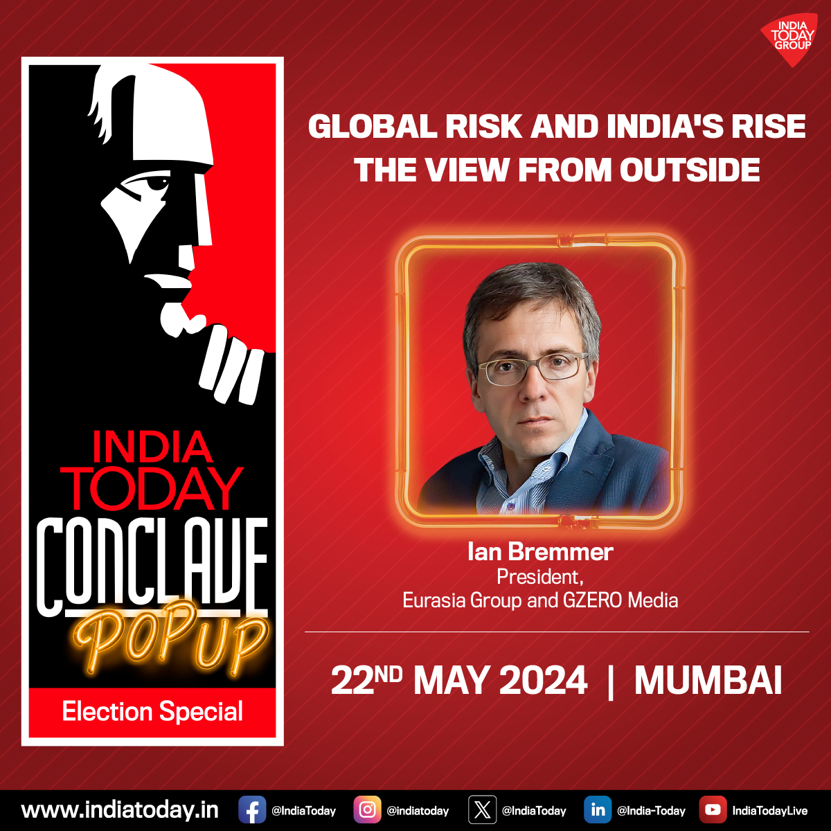 Who'll win the Indian Political League? @Ianbremmer, President, Eurasia Group and GZero Media discusses and debates at India Today #ConclavePopUp on 22nd May. Watch LIVE on India Today TV and YouTube #LokSabhaElections2024 #Promo