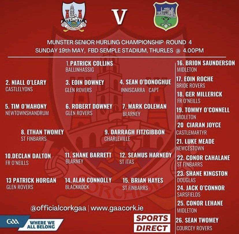 Huge congratulations lads @OfficialCorkGAA Senior Hurling Team with this fabulous WIN in today’s  @MunsterGAA Championship. Special shout-out to @ConnollyAlan123 with his Hat-Trick. Safe travelling home to all 👏👊💪🔥🔴⚪️ 🎉 #CorkGAA #RebelsAbú #SportsDirectIreland #GAA