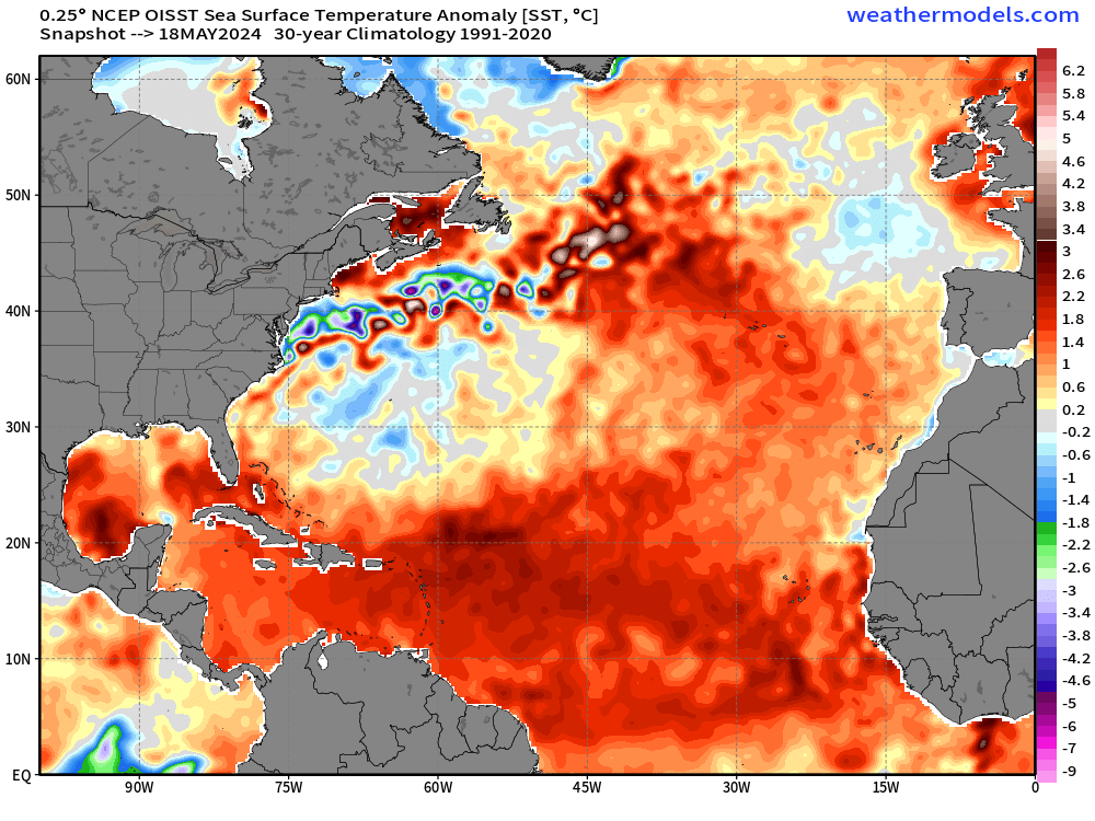 Can't stress enough how textbook the sea surface configuration is right now across the Atlantic Basin just screams extremely active season ahead. The warmest anomalies are now concentrating in the western part of the basin near home. Enjoy the quite while it lasts!