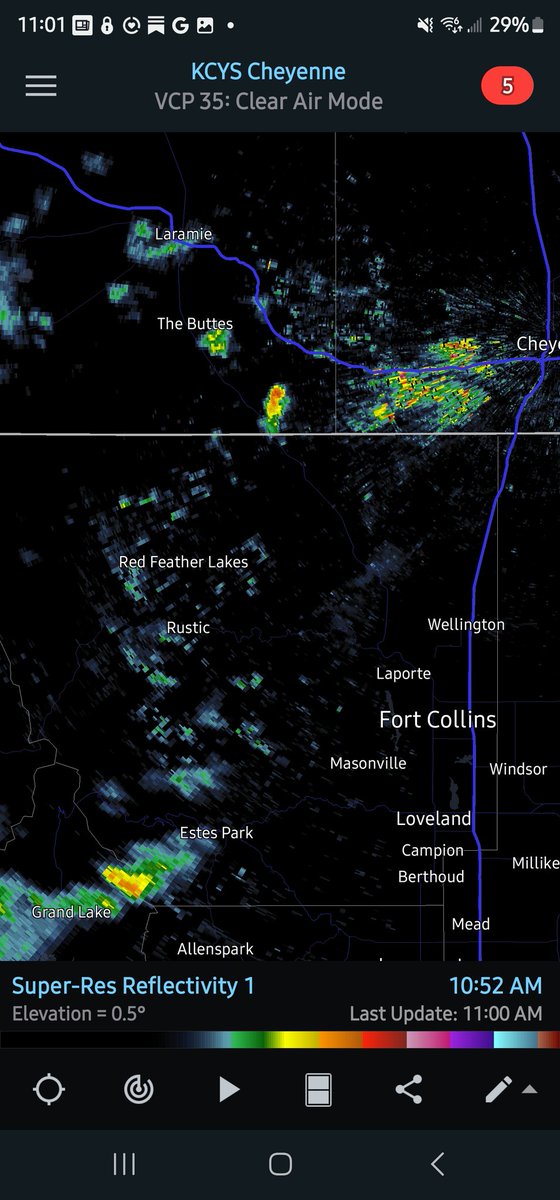 Developing storm(s) in Rocky Mountain National Park as seen from our deck in Broomfield at 10:53/10:52 a.m;  ~10 miles NW of Longs Peak (highest peak in photos), or over Continental Divide from Hallett Peak to Taylor Peak. Radar images are from Denver and Cheyenne. #cowx, #wywx