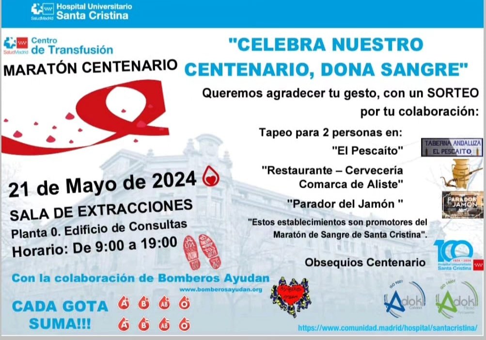 Este martes 21 de mayo estaremos en el hospital Santa Cristina apoyando la maratón de donación de sangre.
Ven a donar con nosotros 🧑‍🚒
🕥9:00-19:00
🏥C. del Maestro Vives, 2, Madrid 
Te esperamos ❤️