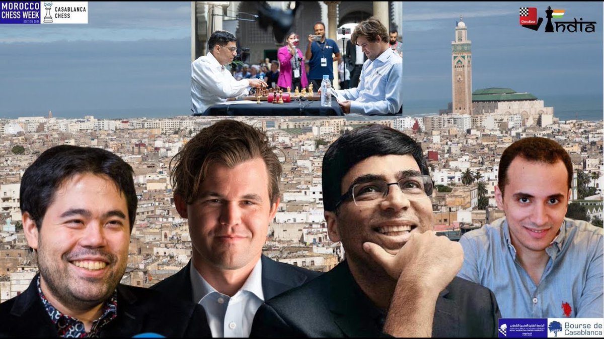 Day two of Casablanca Chess starts from 11:45 PM IST today! @MagnusCarlsen, @vishy64theking, @GMHikaru and @GMBassemAmin are in action - follow all the action live on the ChessBase India YouTube channel: youtube.com/live/aKGCX3tsp…