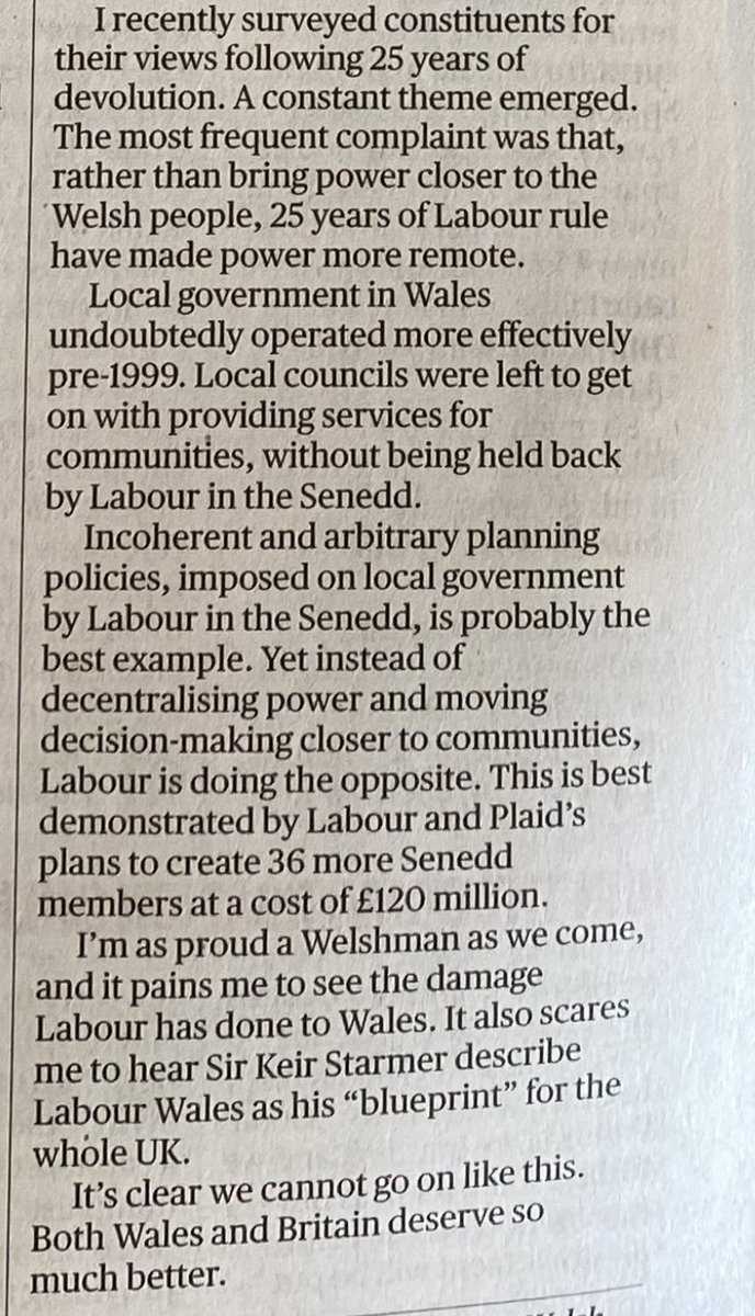 After 25 years of devolution and Labour, many people in Wales feel that power is more remote. @AndrewRTDavies writes for the Sunday Times. 👇