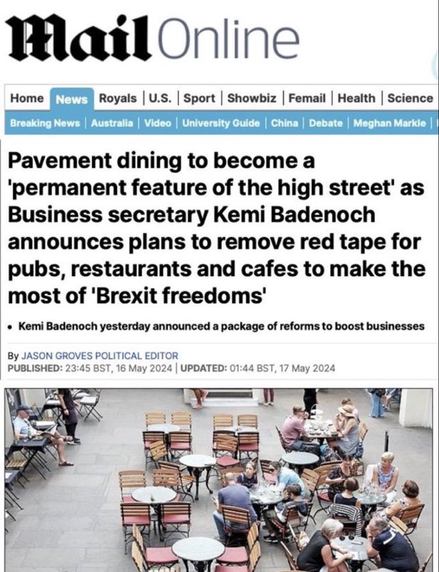 😀😀😀😀😀😀😀😀 All over the world cafes, restaurants and pubs have outside seating areas. Possibly the most pathetic pro Brexshit article ever from this Tory arse-wipe. Don’t they take the piss out of their readers??