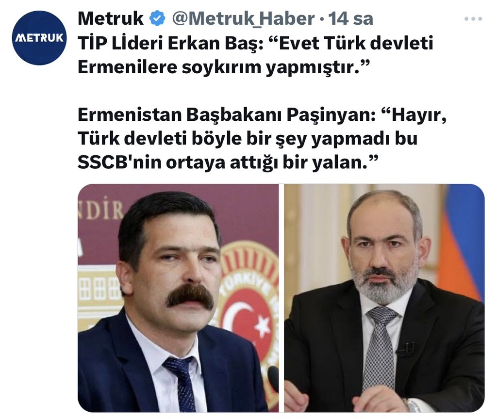 Ermenistan başbakanı paşinyan Türk Devleti ermeni soykırımı yapmamıştır diyor, Türk olduğunu iddia eden @TBMMresmi’nin sözde vekili erkan baş Türkler ermeni soykırımı yapmıştır diyor… AHHHH SAĞIR İSMET AHHHH!!!! Her gün kemiklerini çınlatıyorum!!!!