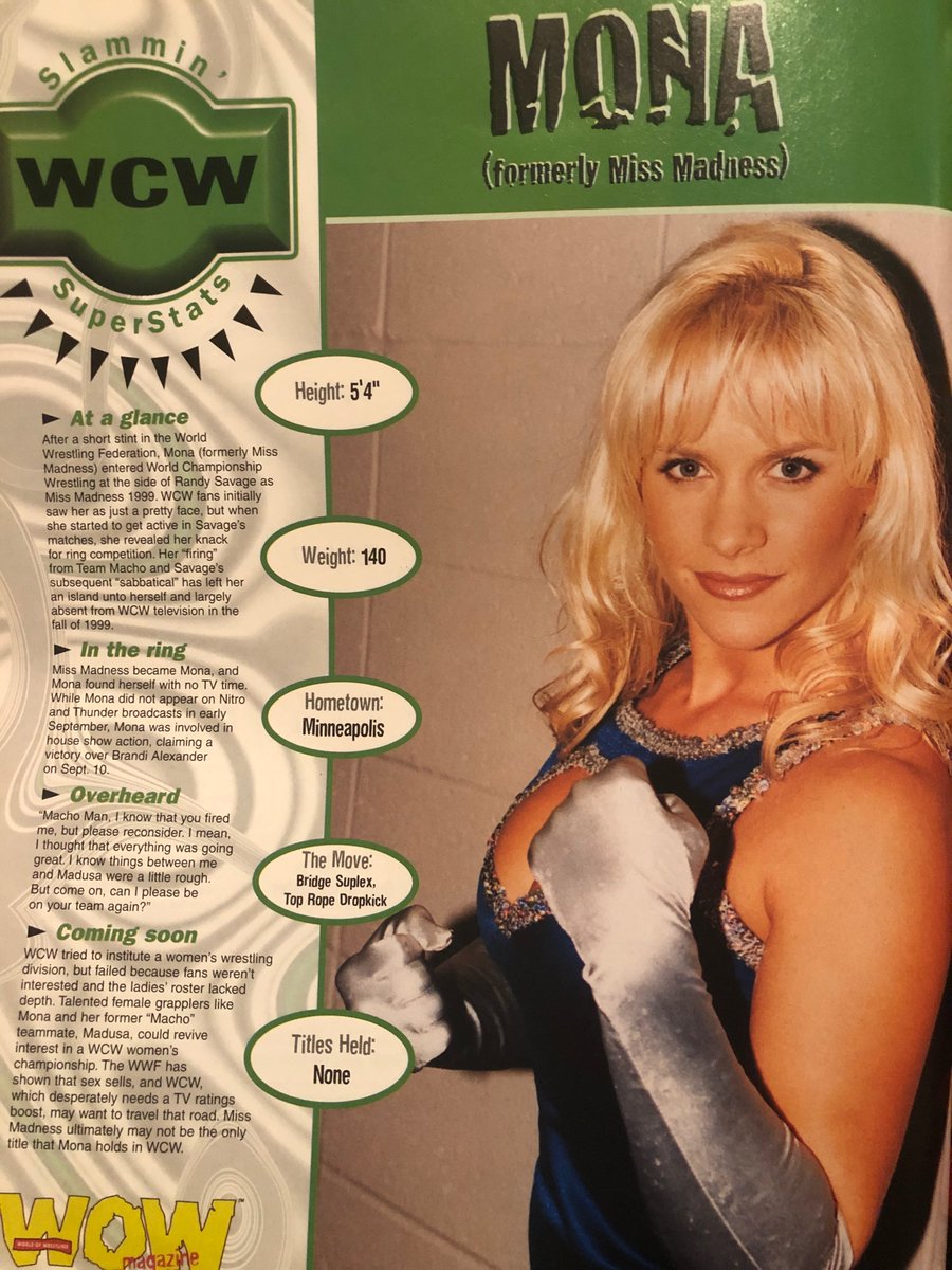 Mona/Miss Madness aka Molly Holly from WOW magazine issue 8 #mona #missmadness #mollyholly #wrestling #attitudeera #wcw #wwe #wwf #wowmagazine #worldofwrestlingmagazine #womenofwrestling #womenswrestling #wwehof #wwehalloffame #noragreenwald