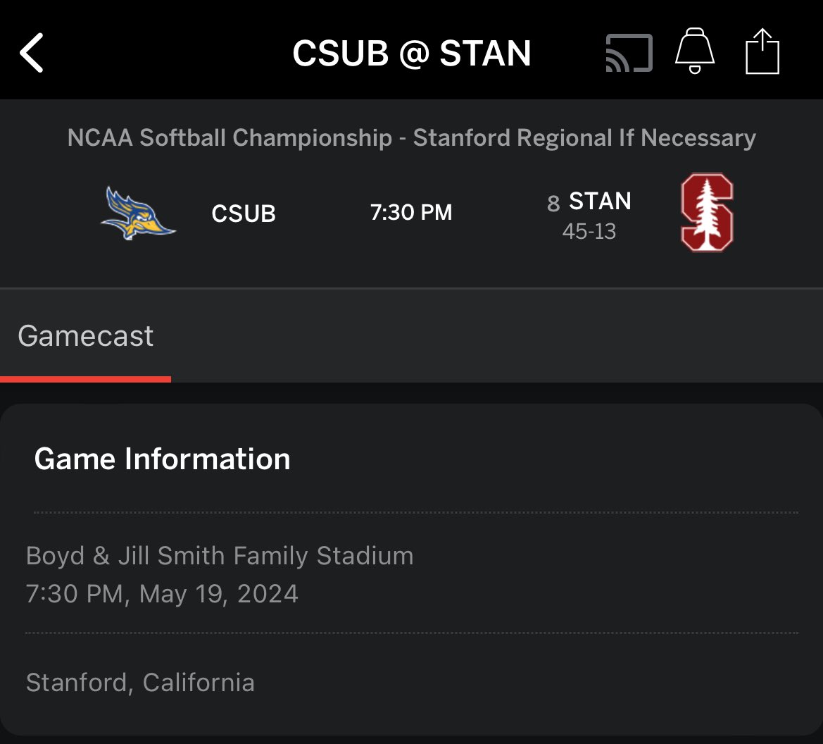 @ContextSoftball Stanford is playing CSUB today apparently for the if necessary game 😂