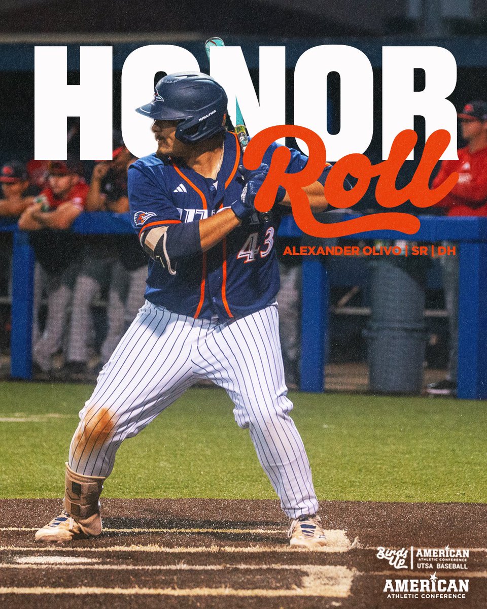 UTSA Baseball โพ๏ธ (@utsabsb) on Twitter photo Big O with a BIG week! ๐ช
๐ .438 BA, 7 H, 6 R, 5 RBI, 2 2B, 2 HR
โ
<a href="/American_Conf/">The American</a> Honor Roll
#BirdsUp ๐ค | #LetsGo210 | <a href="/AlexOlivo2/">Alexander Olivo</a> Big O with a BIG week! ๐ช
๐ .438 BA, 7 H, 6 R, 5 RBI, 2 2B, 2 HR
โ
<a href="/American_Conf/">The American</a> Honor Roll
#BirdsUp ๐ค | #LetsGo210 | <a href="/AlexOlivo2/">Alexander Olivo</a>