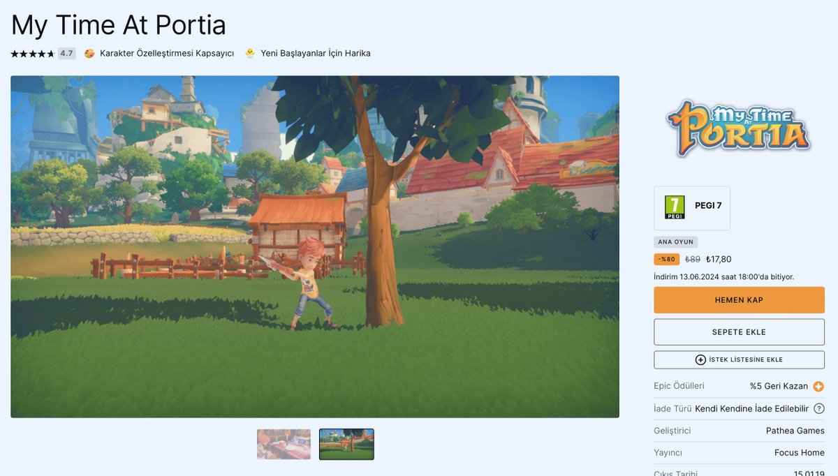 Portia kasabasında yeni bir hayata başlayacağınız yaşam simülatörü türündeki oyun My Time at Portia, Epic Games indirimlerinde yaklaşık 17 TL'den satın alınabiliyor 🏘️