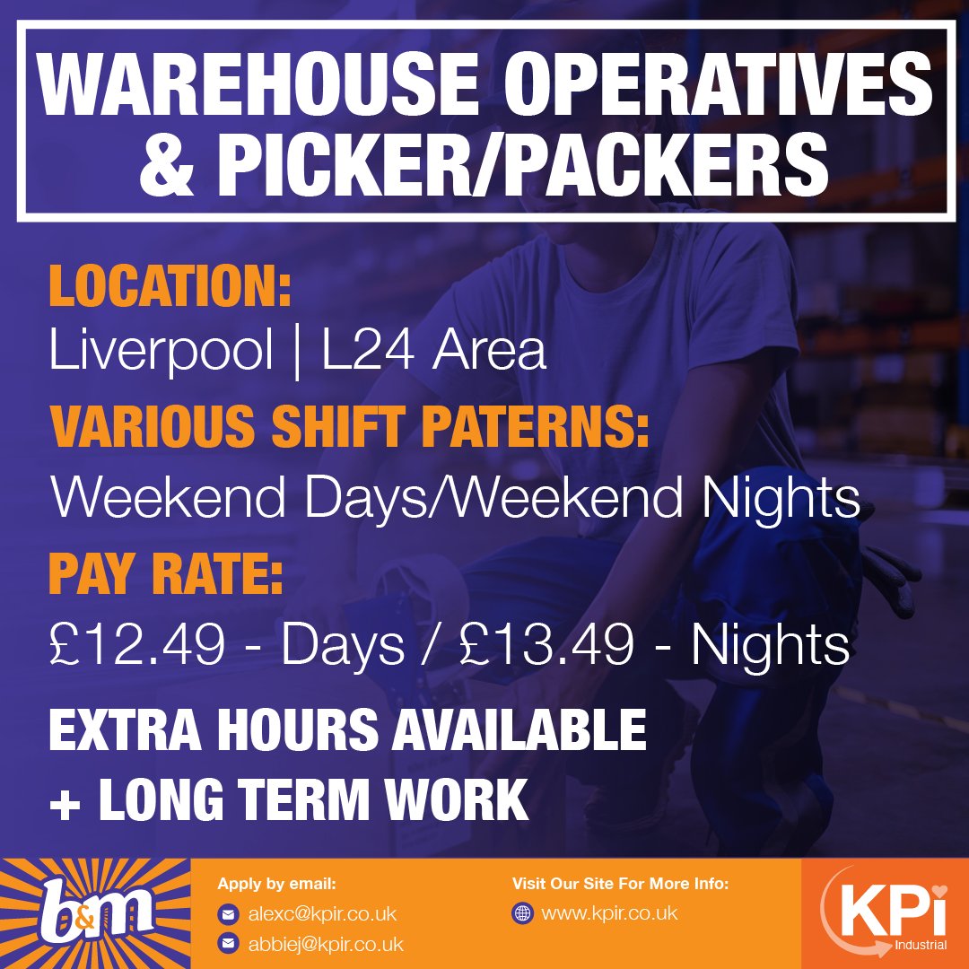 **WAREHOUSE OPERATIVES & PICKERS/ PACKERS** Runcorn.

Days: £12.49 p/h | Nights: £13.49 p/h

Call 01942 597215 or email AlexC@kpir.co.uk / AbbieJ@kpir.co.uk to apply.

#WarehouseOperatives #WarehouseWork #Pickers #Packers #LiverpoolJobs #MerseysideJobs #KPIRecruiting