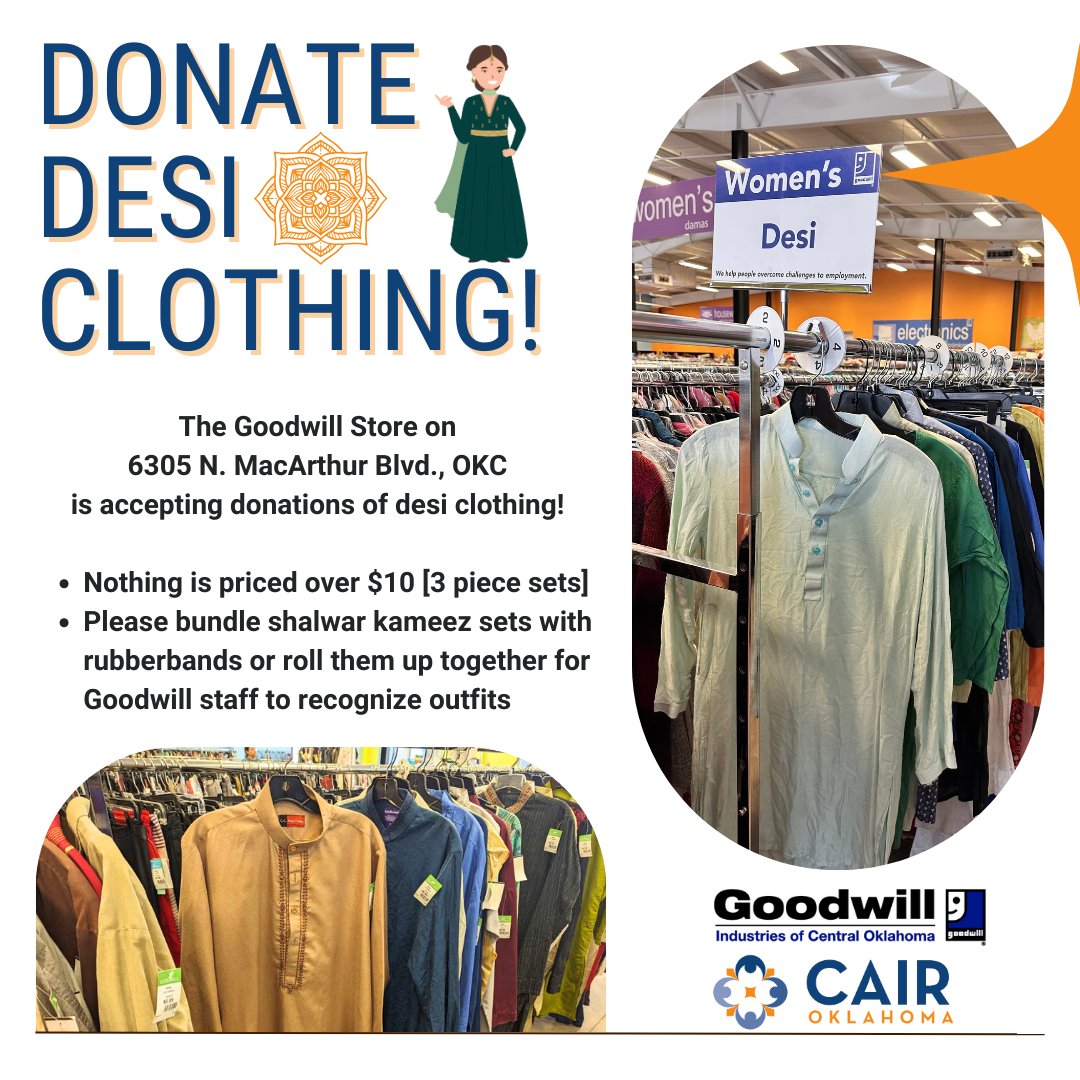 cair_oklahoma's tweet image. Don&apos;t forget to donate your desi clothes with our Goodwill partner in OKC before Eid al-Adha! #localgiving #afghanneighbors