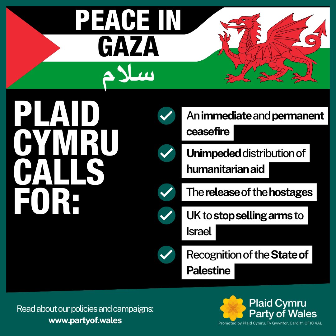 📢 CEASEFIRE NOW! Plaid Cymru has stood with the people of #Palestine for decades, and demand an immediate and permanent #ceasefire, unimpeded distribution of humanitarian aid and for the UK to stop selling arms to Israel. 🏴󠁧󠁢󠁷󠁬󠁳󠁿🤝🇵🇸