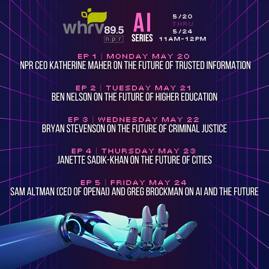 THIS WEEK 🦾 🤖 🧠 WHRV will be broadcasting a week-long series on AI in our world, produced by @KQED's 'POSSIBLE' in San Francisco. We're excited to provide these in-depth conversations and a rich context to the many areas AI 'lives' in our daily experience!