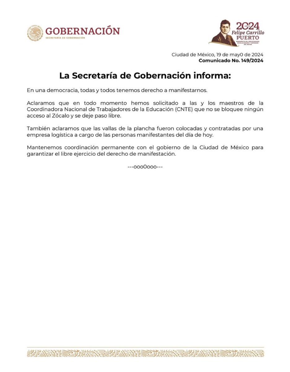 Informa @SEGOB_mx que solicitó a integrantes de la CNTE no bloquear acceso al zócalo, y aclara que las vallas fueron colocadas por una empresa de logística a cargo de las personas manifestantes
