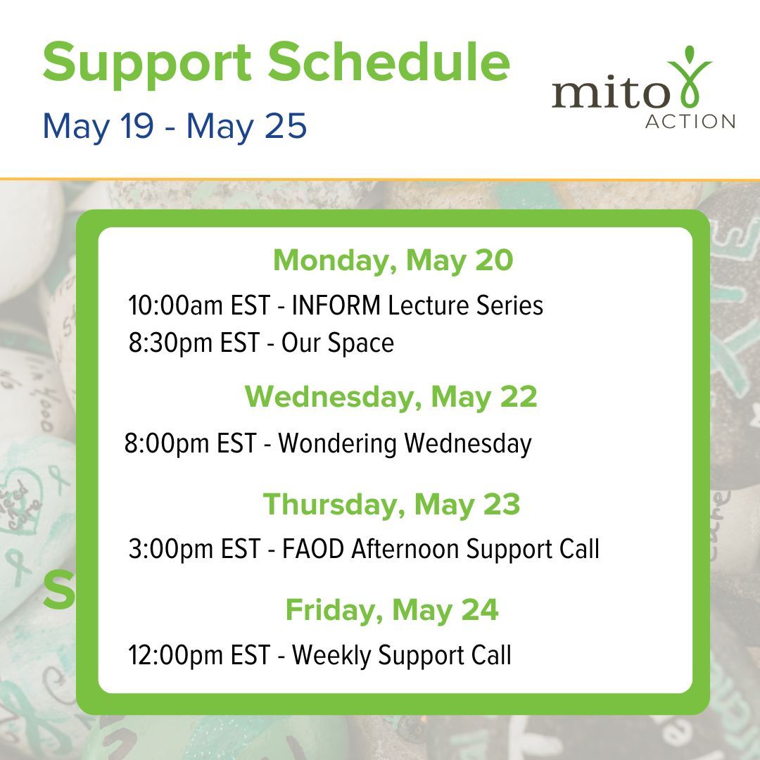 We have a busy week here at MitoAction! Check out this week’s program and support schedule and sign up for any of these wonderful programs on our website today! buff.ly/3pe6ote