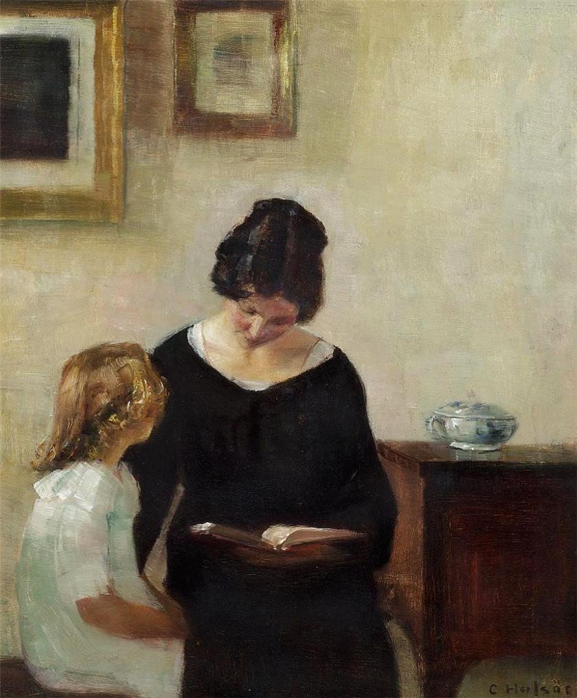 🎨Carl Vilhelm Holsøe (1863 - 1935) Interior with a mother reading aloud to her daughter