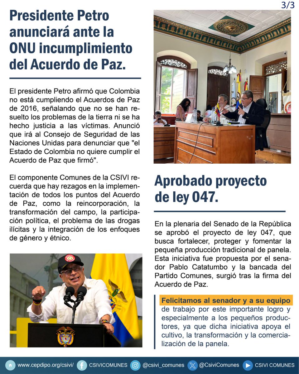 🗞️ Infórmate sobre la paz en Colombia 🧿 Estas son las noticias de la semana 📌 Encuentro Nacional #CSIVI 📌 Nueva directora @SoySustitucion 📌 Presidente @gustavopetro anunciará incumplimiento del Acuerdo ante #ONU 📌 Aprobado proyecto de ley 047 de senador @CatatumbComunes